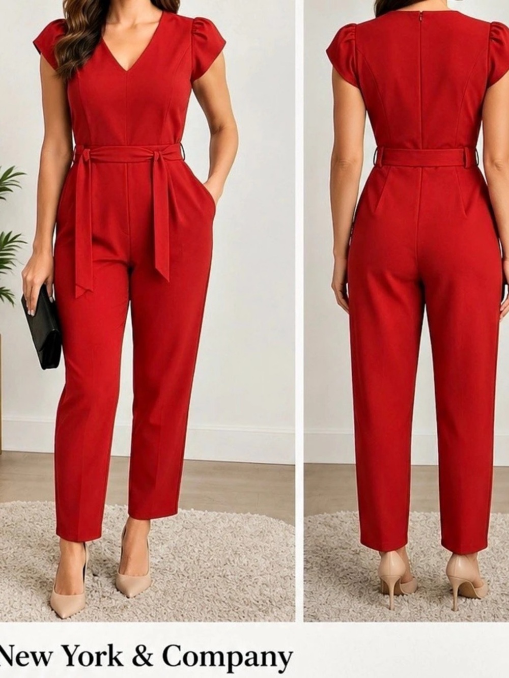 New York & Company Red Belted Jumpsuit
